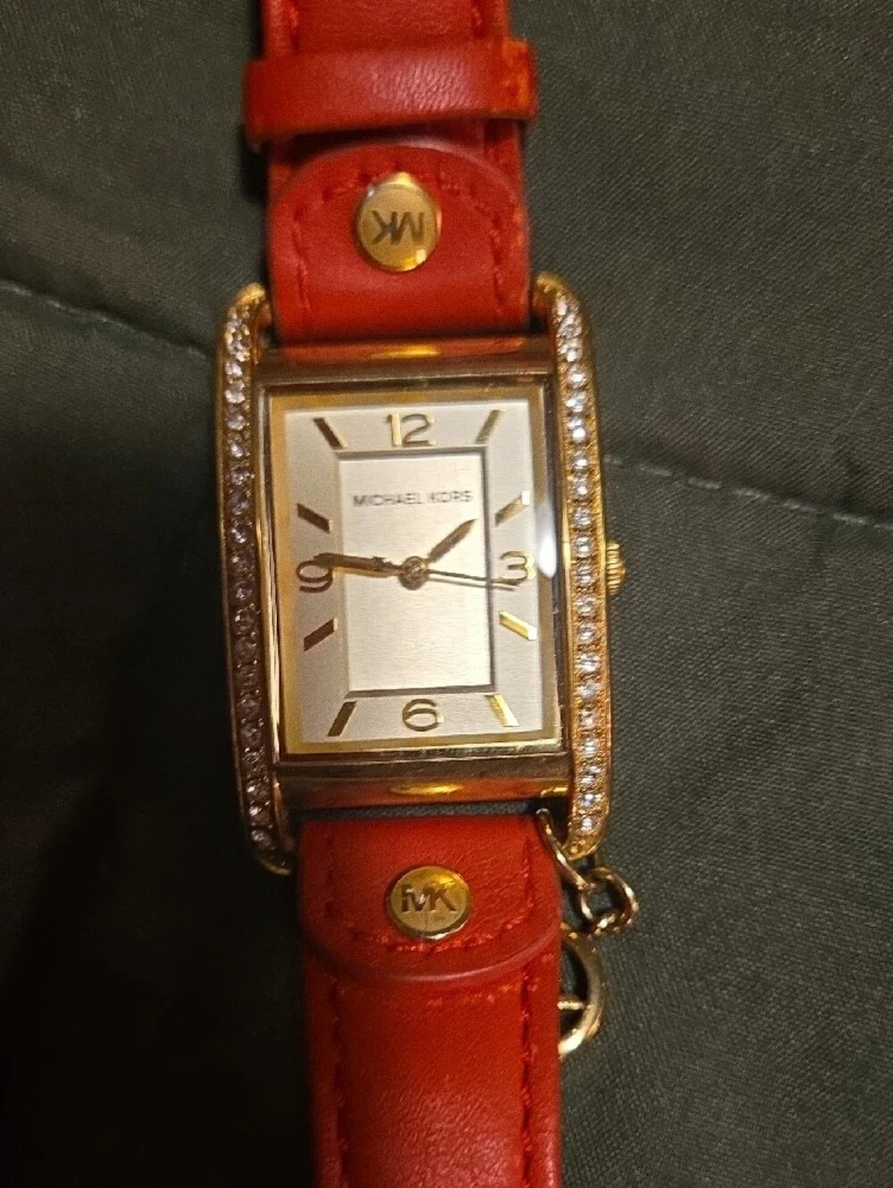Michael Kors Gold Crystal-Trim Rectangular Watch with Red Leather Strap